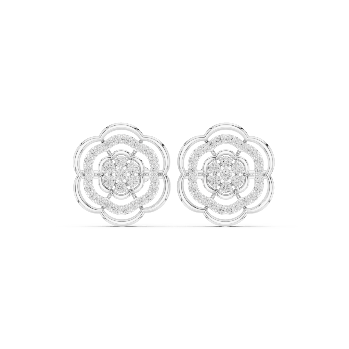 Intricate Double Tiered Floral Cluster Diamond Stud Earrings in 925 Silver