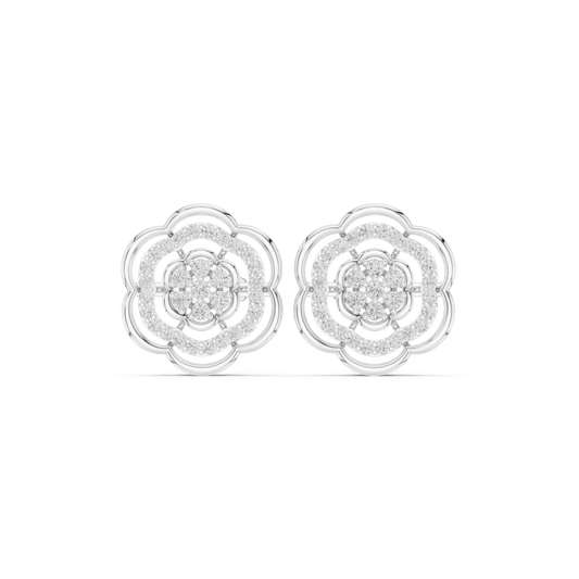 Intricate Double Tiered Floral Cluster Diamond Stud Earrings in 925 Silver