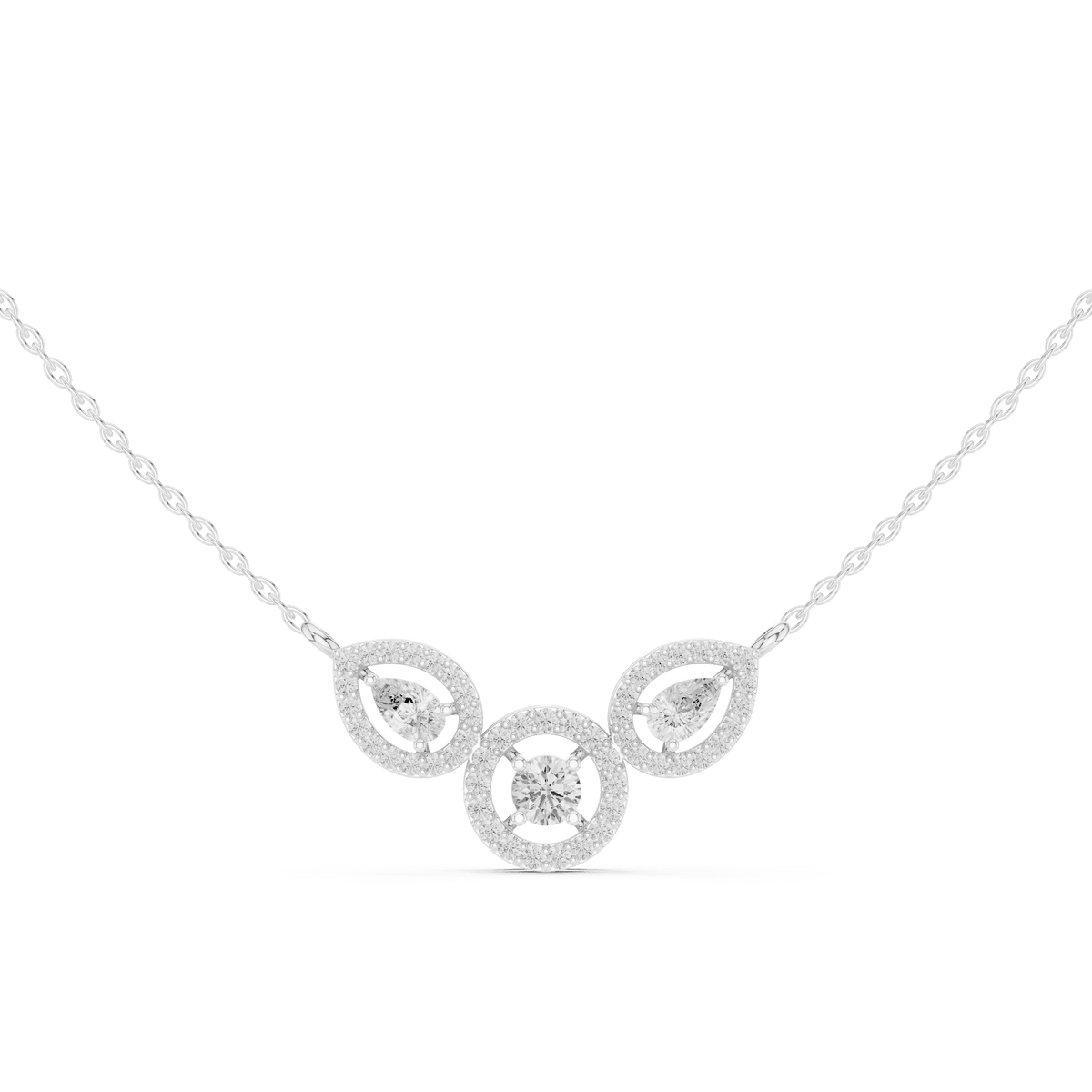 Three-Stone Halo Pear and Round Cluster Lab Grown Diamond Necklace