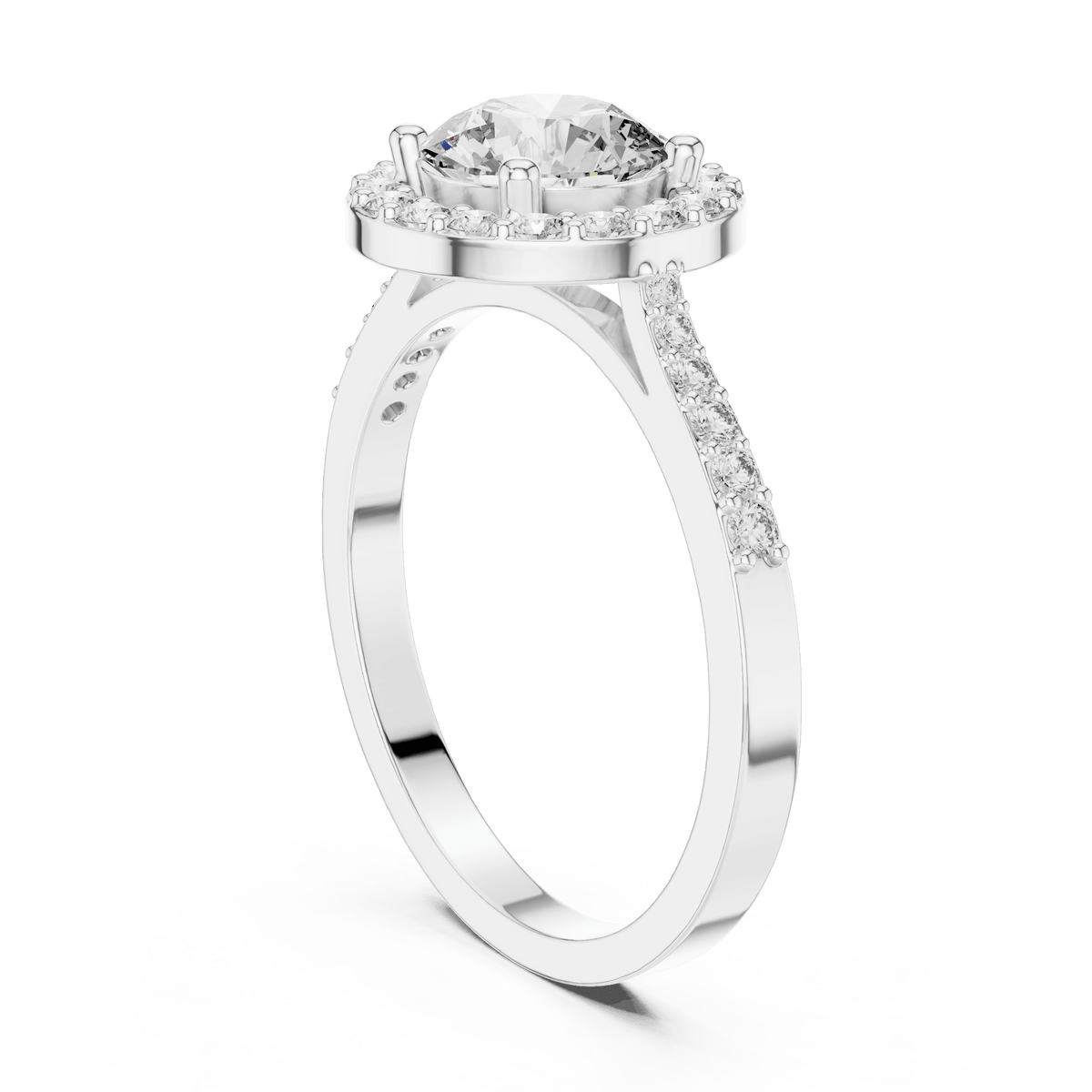 Classic Round Solitaire Halo Pave Band Lab Grown Diamond Ring