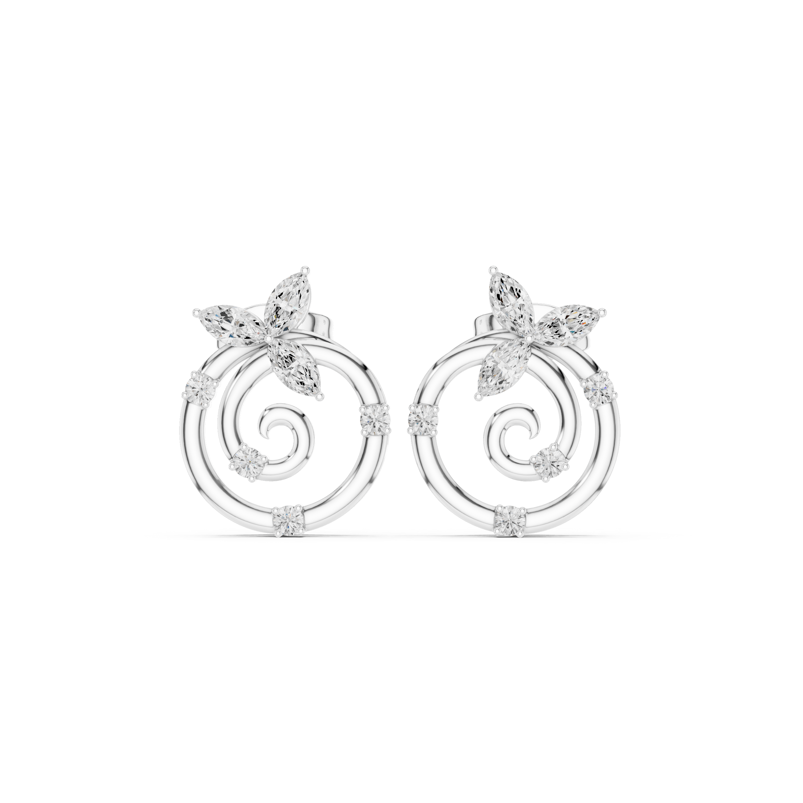 Spiral Wave Open Circle Marquise Floral Diamond Stud Earrings in 925 Sterling Silver