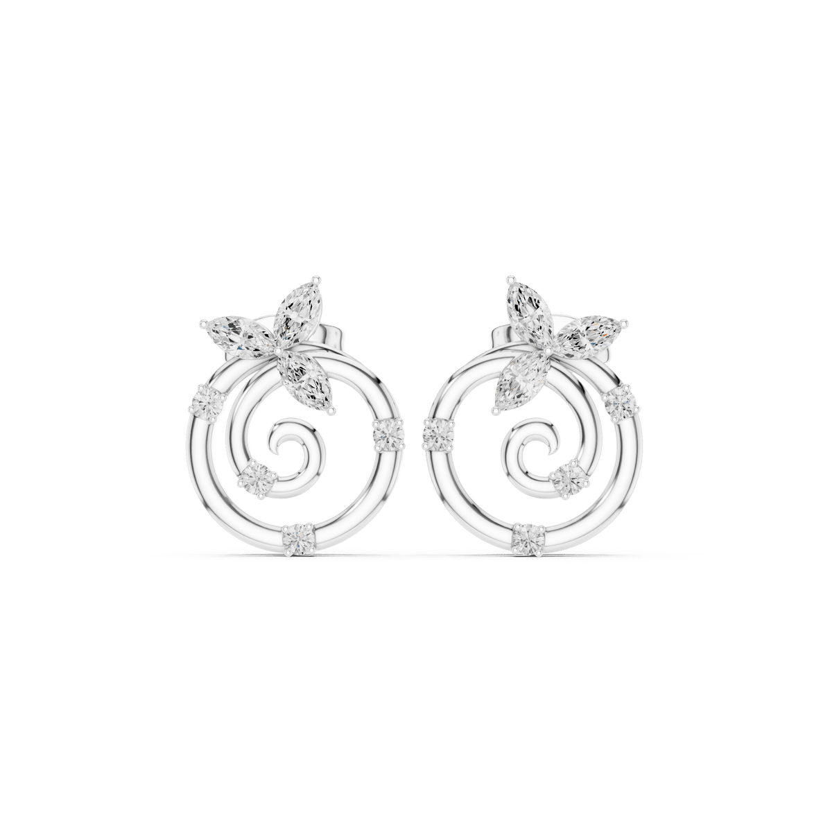 Spiral Wave Open Circle Marquise Floral Diamond Stud Earrings in 925 Sterling Silver