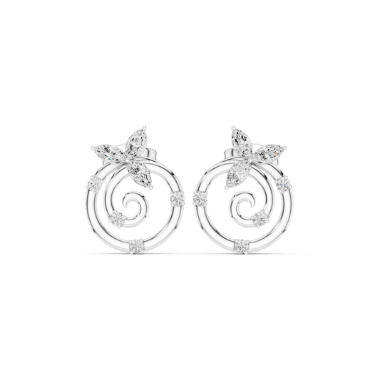 Spiral Wave Open Circle Marquise Floral Diamond Stud Earrings in 925 Sterling Silver