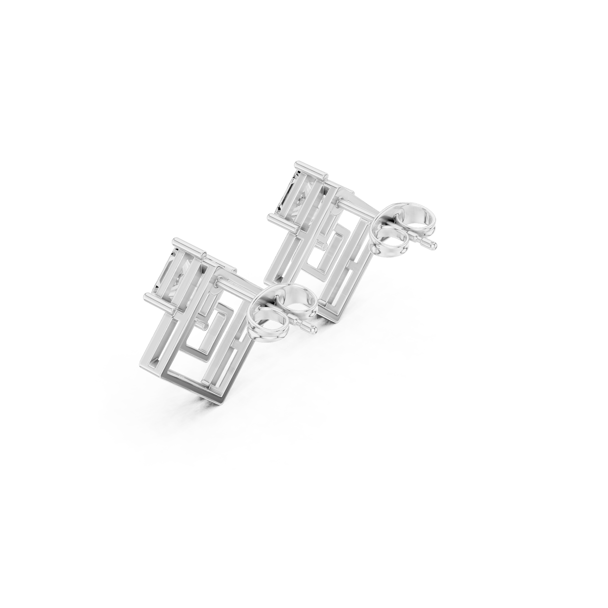 Modern Princess Cut Floating Geometric Open Frame Stud Earrings in Silver