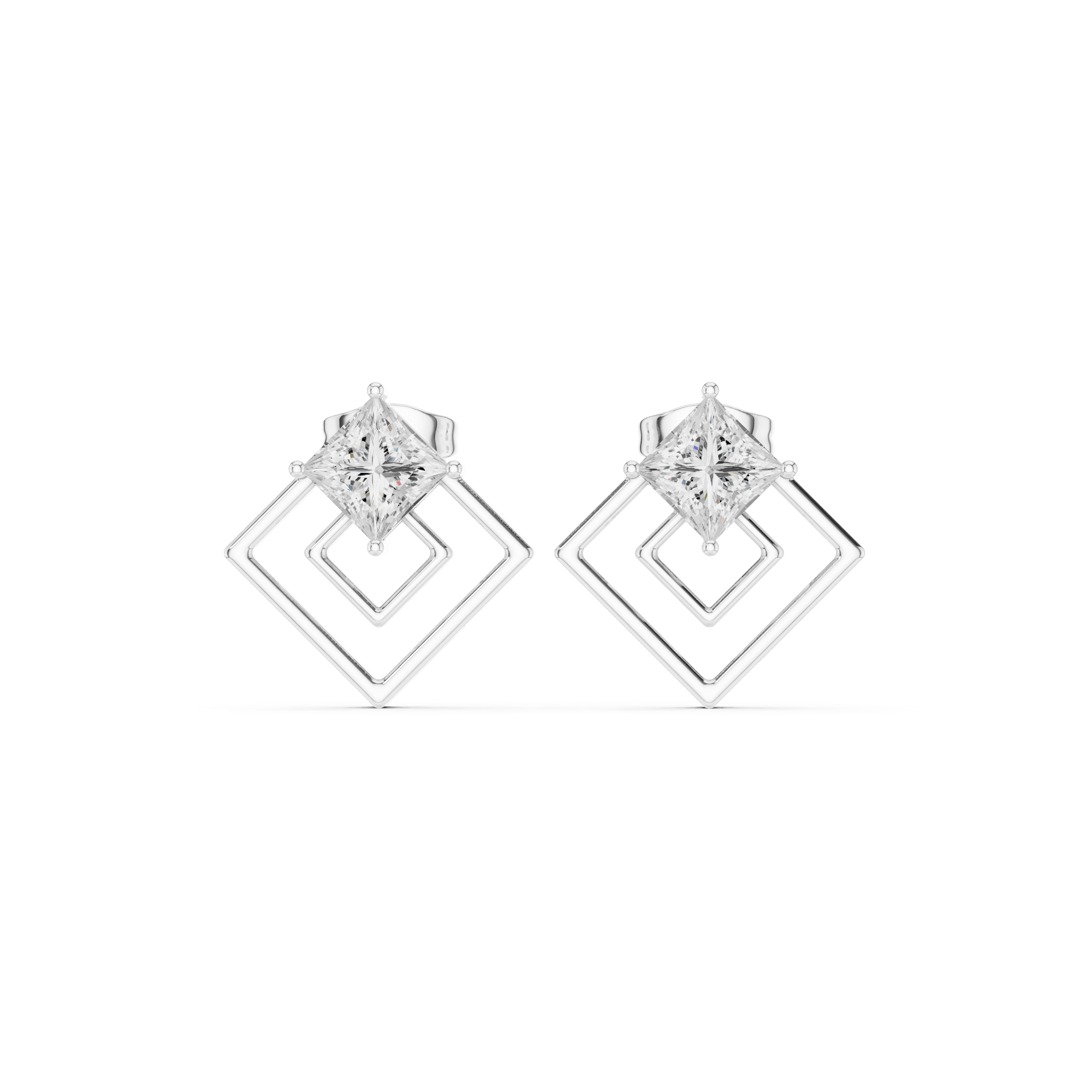 Modern Princess Cut Floating Geometric Open Frame Stud Earrings in Silver
