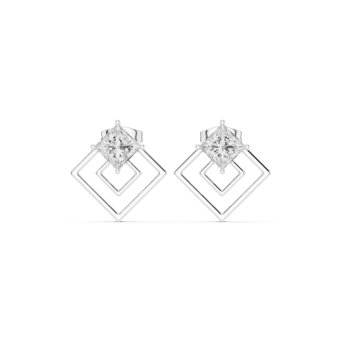 Modern Princess Cut Floating Geometric Open Frame Stud Earrings in Silver