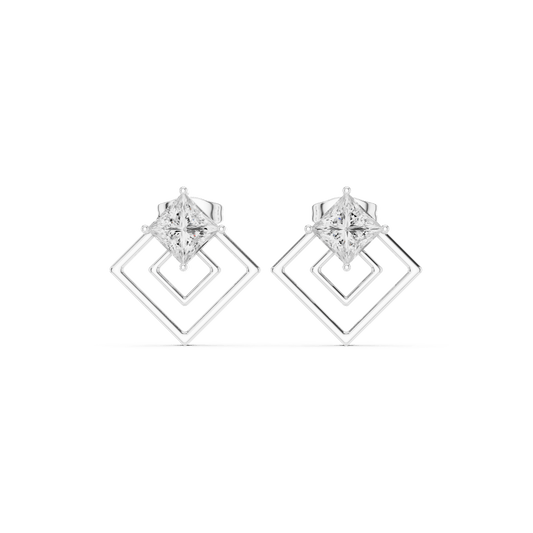 Modern Princess Cut Floating Geometric Open Frame Stud Earrings in Silver