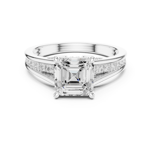 Asscher Cut Solitaire Ring with Pave Split Shank in 925 Sterling Silver