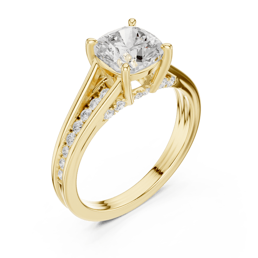 Cushion Cut Lab Diamond Ring with Channel Set Shoulders in 14KT Solid Gold