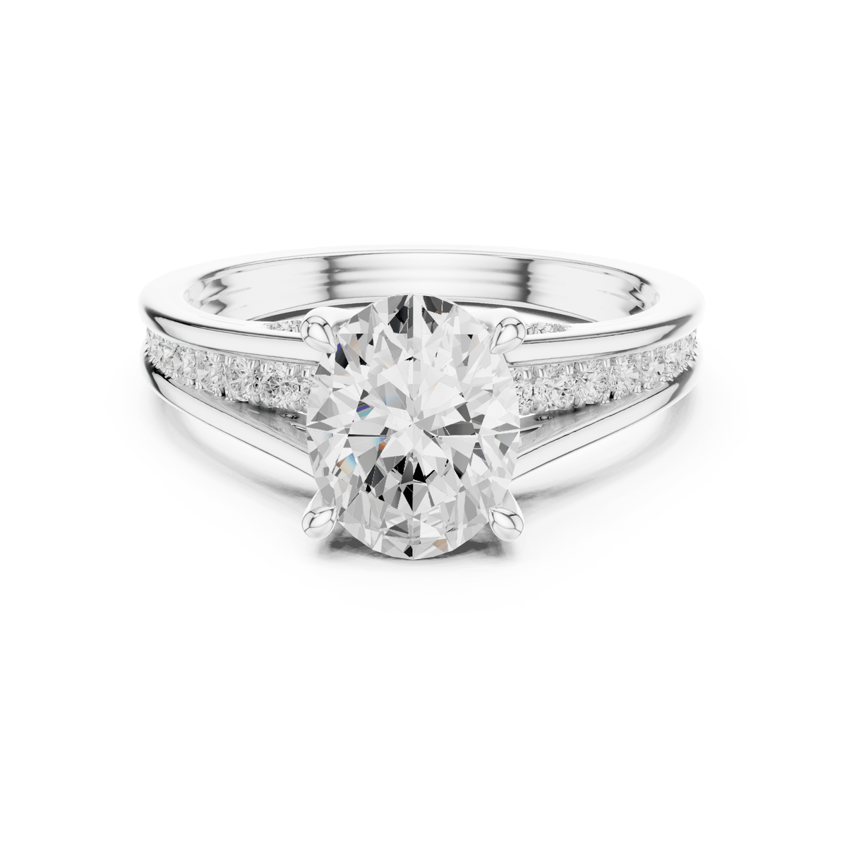 Luxury Oval Cut Diamond Ring with Channel Accent Band in 925 Silver