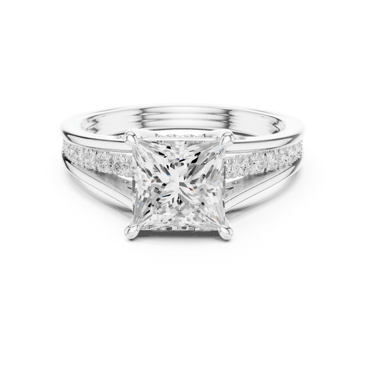 Modern Princess Cut Diamond Ring with Channel Accent Band in 925 Silver