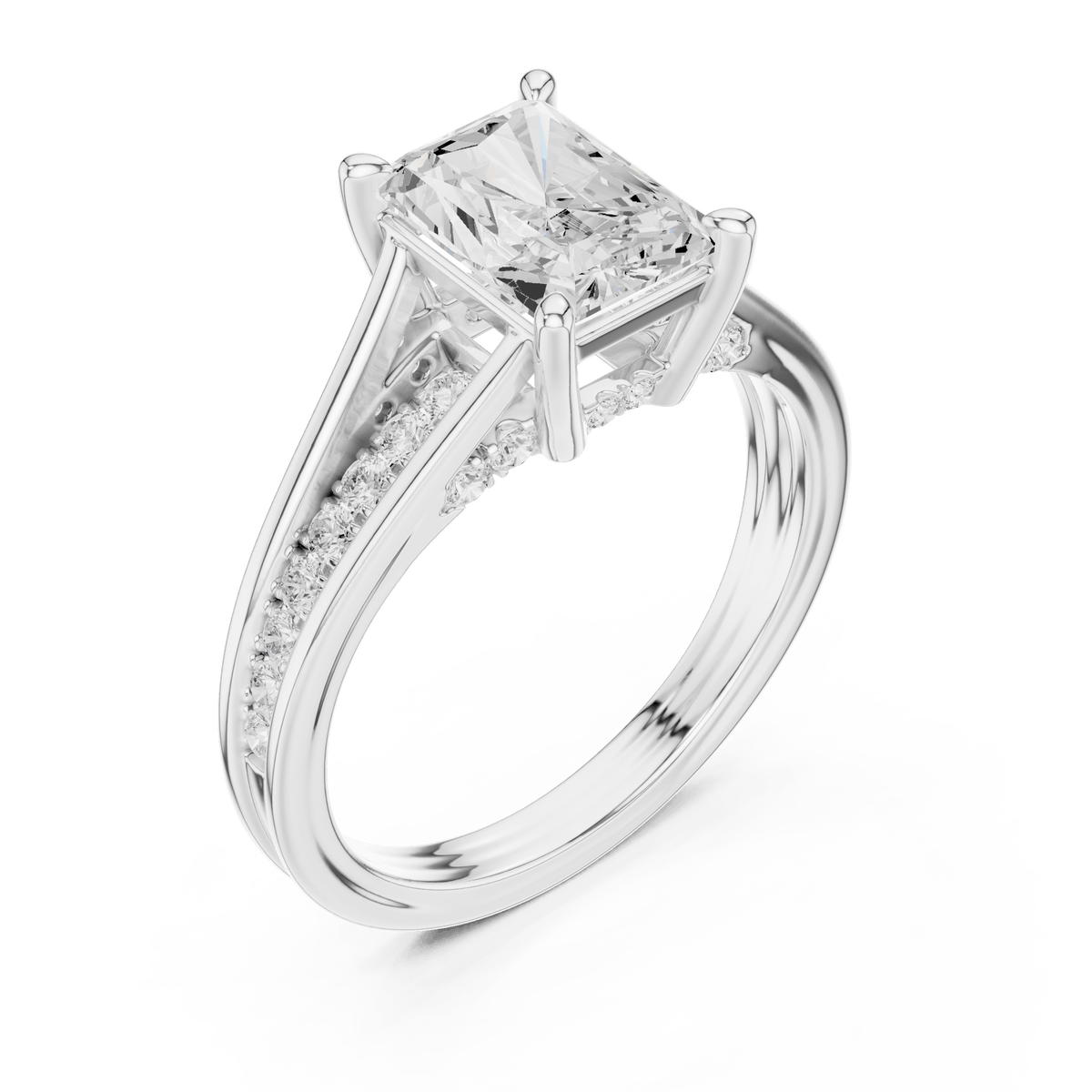 Radiant Cut Solitaire Ring with Pave Split Shank in 925 Sterling Silver