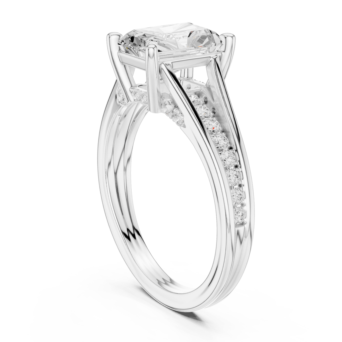 Radiant Cut Solitaire Ring with Pave Split Shank in 925 Sterling Silver