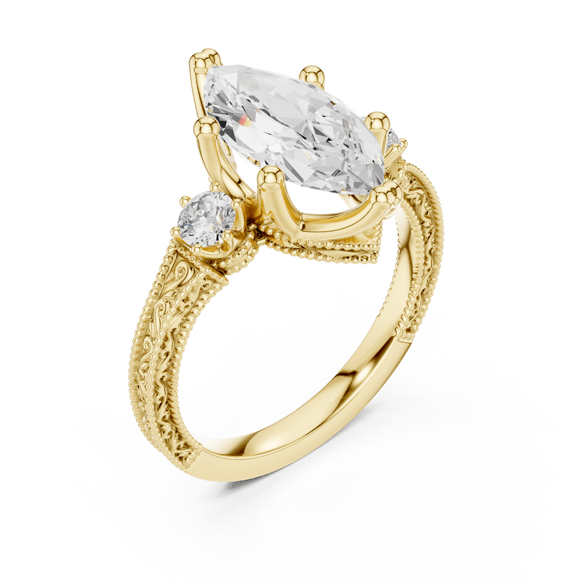 Solid Yellow Gold Marquise Cut Vintage Filigree Three Stone Diamond Ring