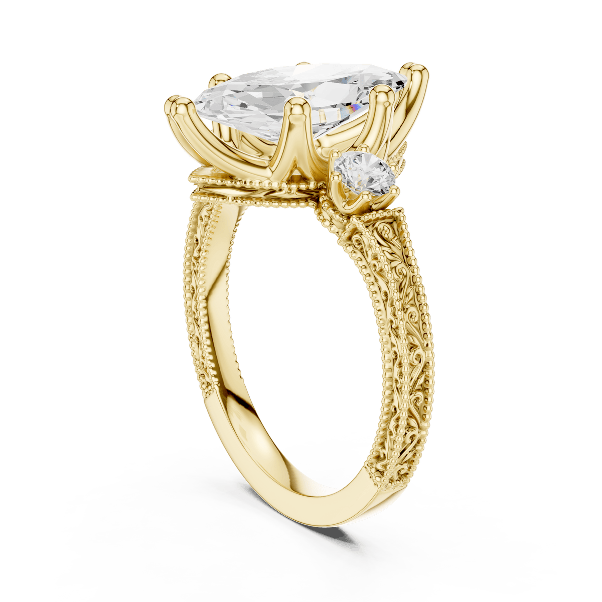 Solid Yellow Gold Marquise Cut Vintage Filigree Three Stone Diamond Ring