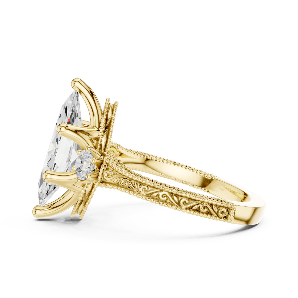Solid Yellow Gold Marquise Cut Vintage Filigree Three Stone Diamond Ring