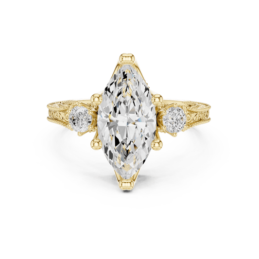Solid Yellow Gold Marquise Cut Vintage Filigree Three Stone Diamond Ring