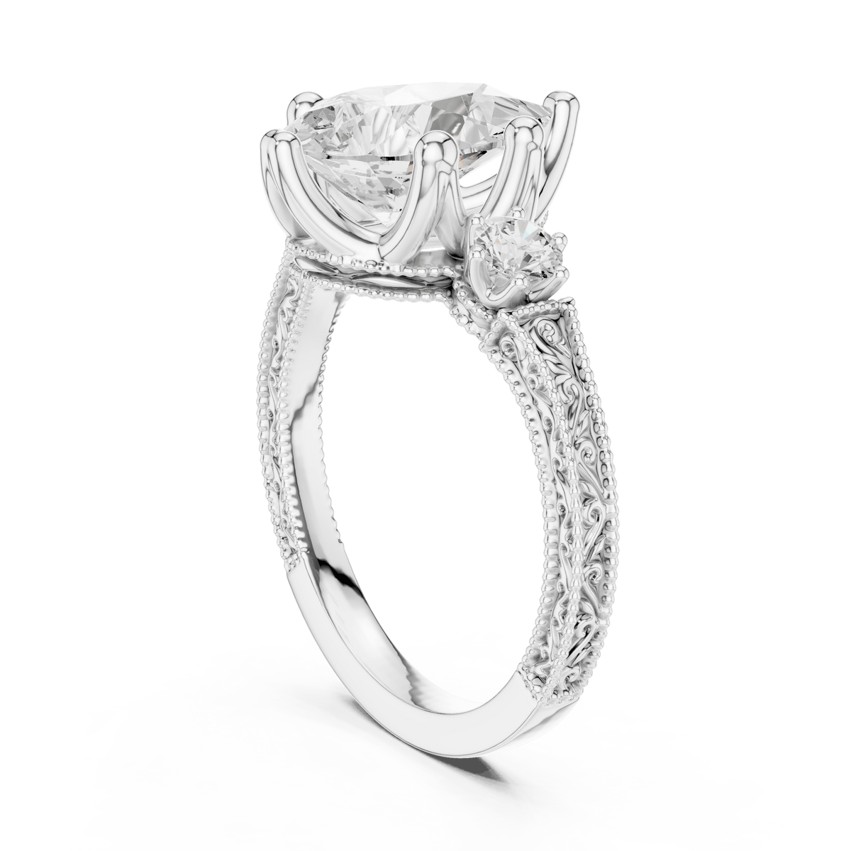 Pear Cut Lab Grown Diamond Ring with Side Accents & Pave Split Shank in 925 Sterling Silver