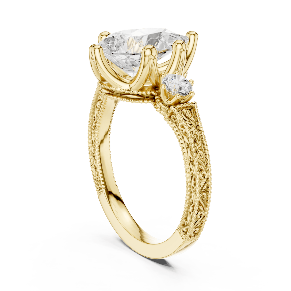 Pear Lab Grown Diamond Three Stone Ring with Engraved Filigree Band in 14KT Gold