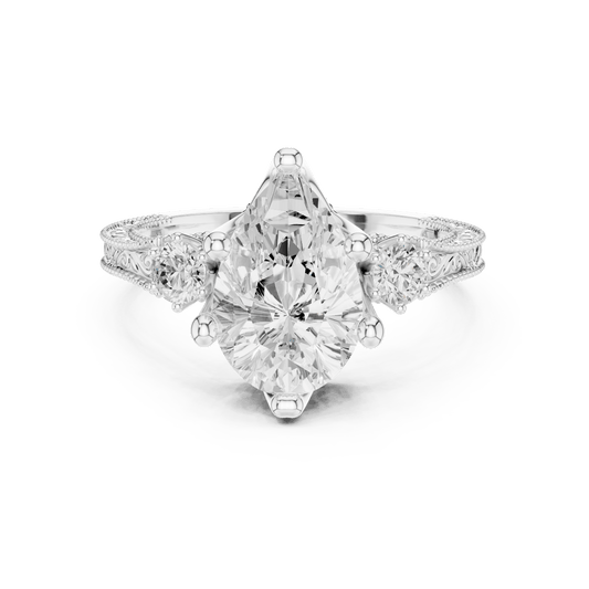 Pear Cut Lab Grown Diamond Ring with Side Accents & Pave Split Shank in 925 Sterling Silver
