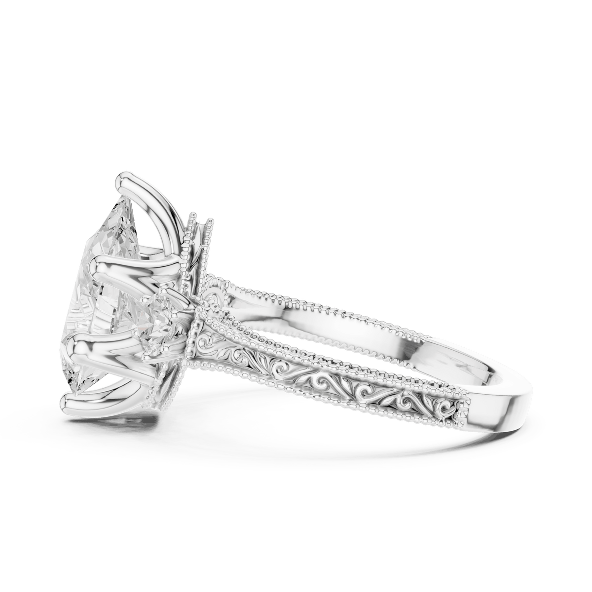 Pear Cut Lab Grown Diamond Ring with Side Accents & Pave Split Shank in 925 Sterling Silver