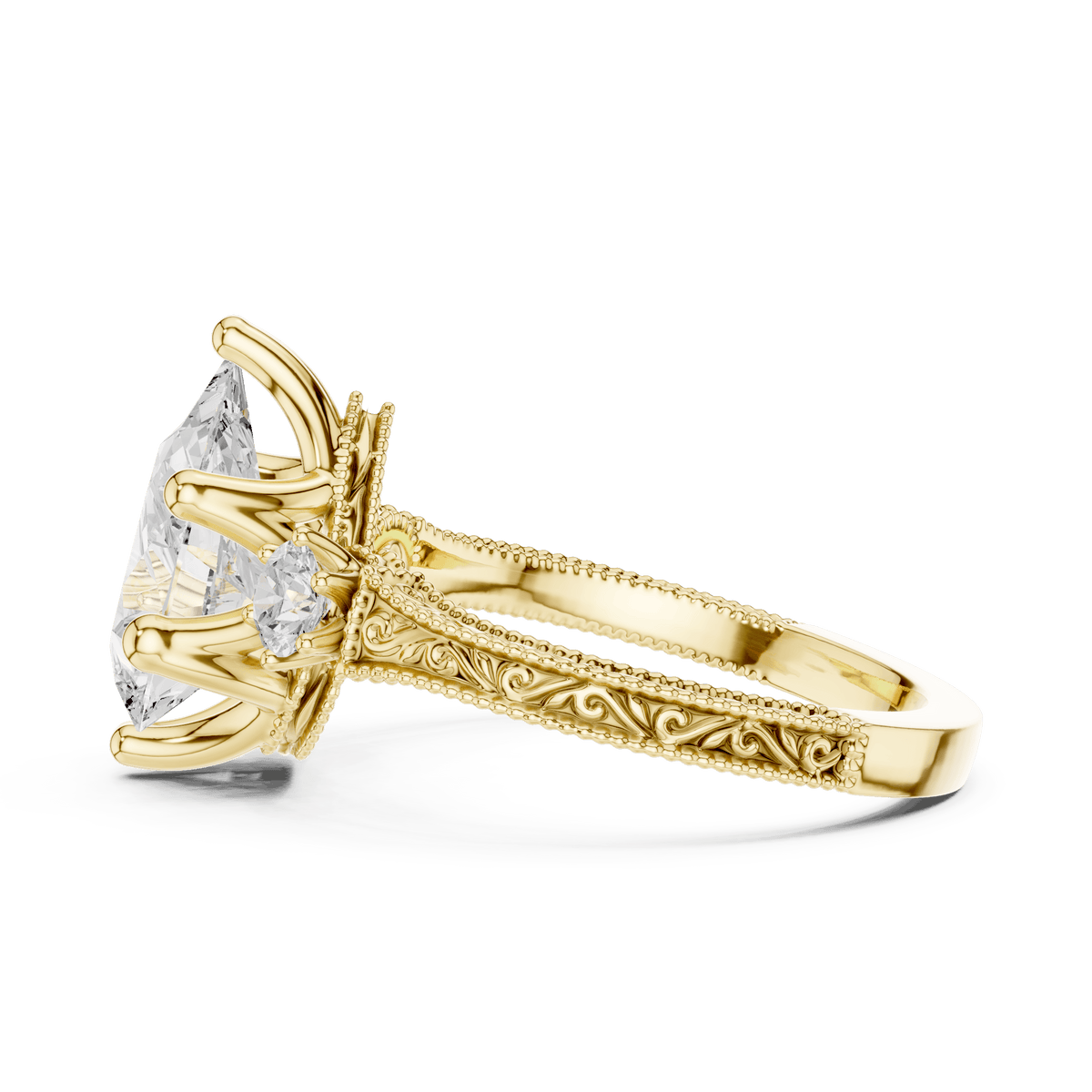 Pear Lab Grown Diamond Three Stone Ring with Engraved Filigree Band in 14KT Gold