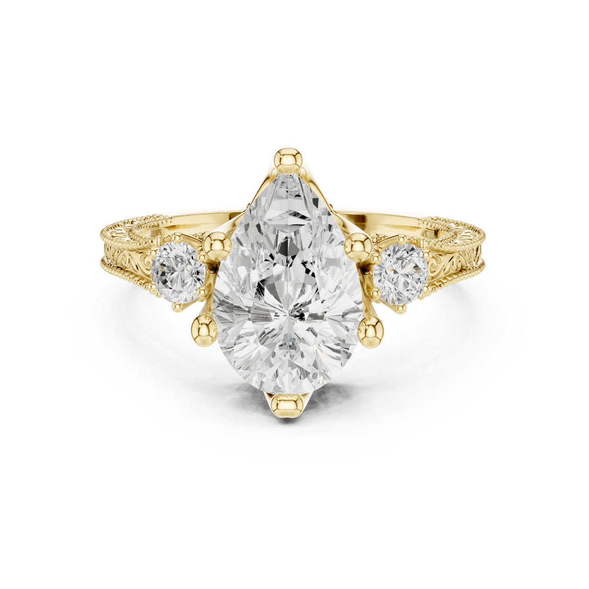 Pear Lab Grown Diamond Three Stone Ring with Engraved Filigree Band in 14KT Gold