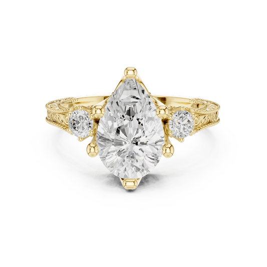 Pear Lab Grown Diamond Three Stone Ring with Engraved Filigree Band in 14KT Gold
