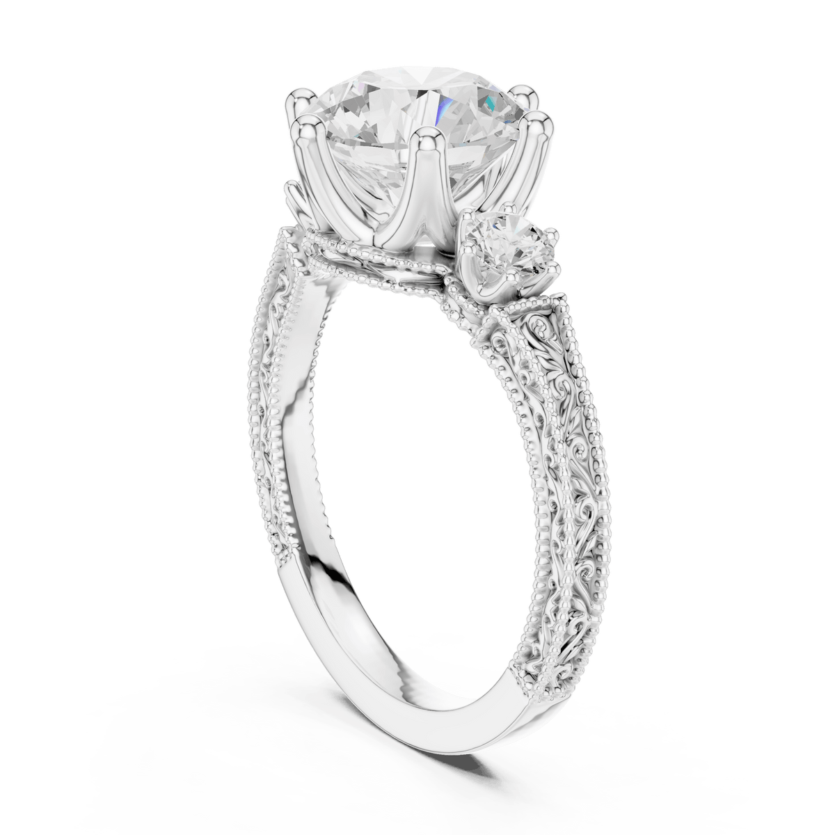 Classic Round Diamond Three-Stone Ring with Channel Accent Band in 925 Silver