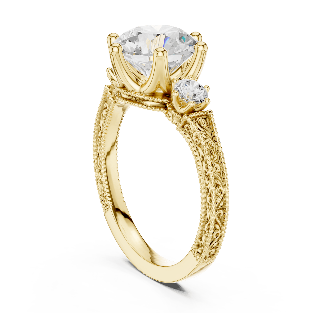 Classic Three Stone Round Lab Grown Ring with Antique Filigree in 14K Gold