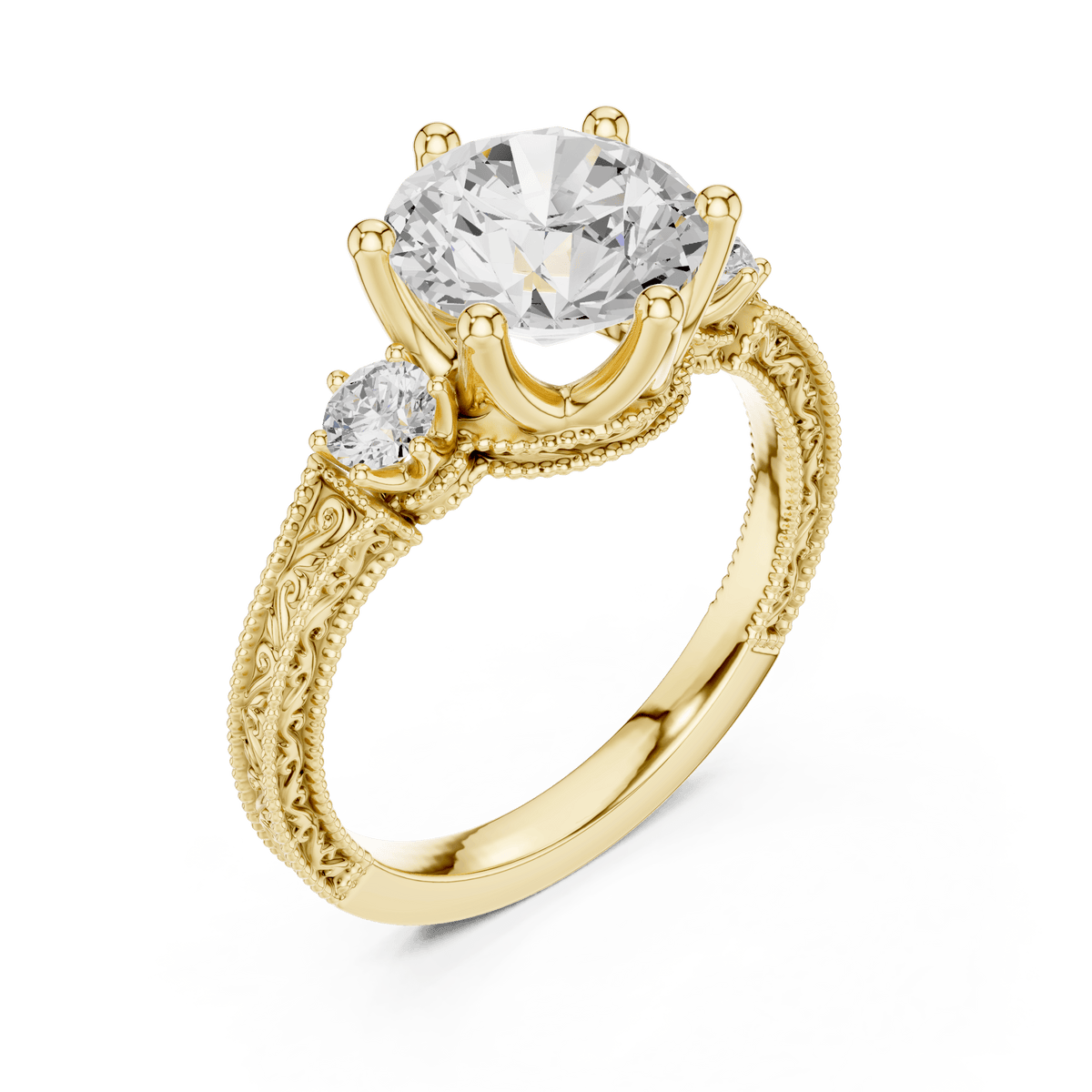 Classic Three Stone Round Lab Grown Ring with Antique Filigree in 14K Gold