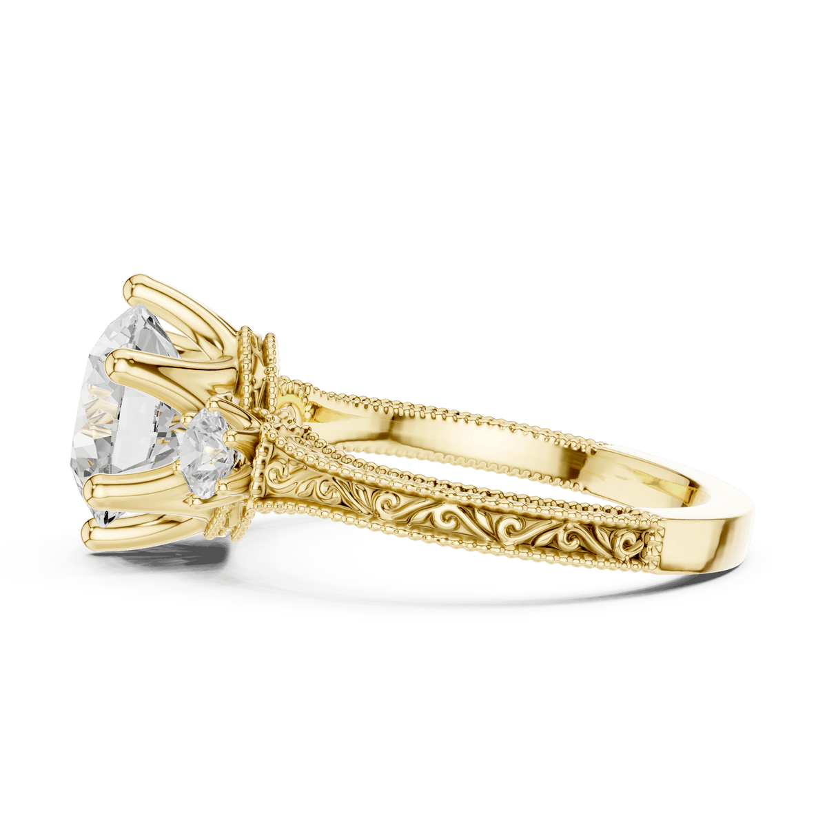 Classic Three Stone Round Lab Grown Ring with Antique Filigree in 14K Gold