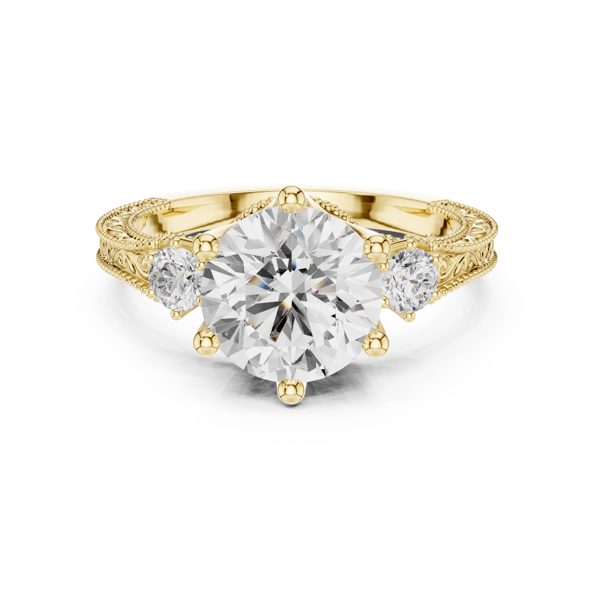 Classic Three Stone Round Lab Grown Ring with Antique Filigree in 14K Gold