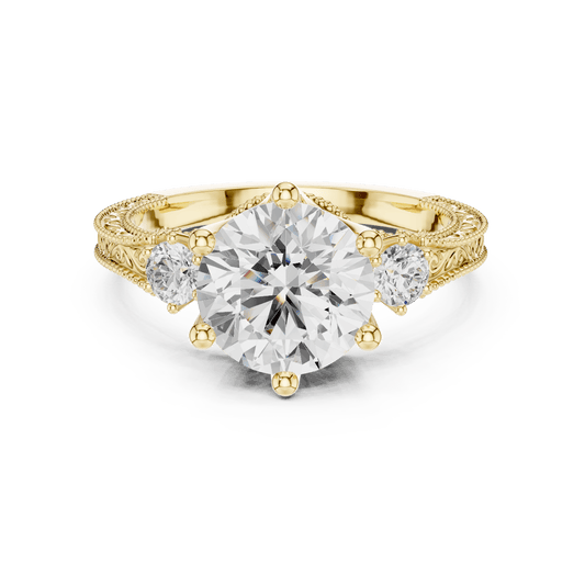 Classic Three Stone Round Lab Grown Ring with Antique Filigree in 14K Gold