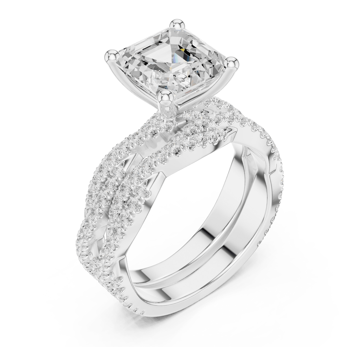Silver Asscher Cut Lab Grown Diamond Twisted Pave Engagement Ring