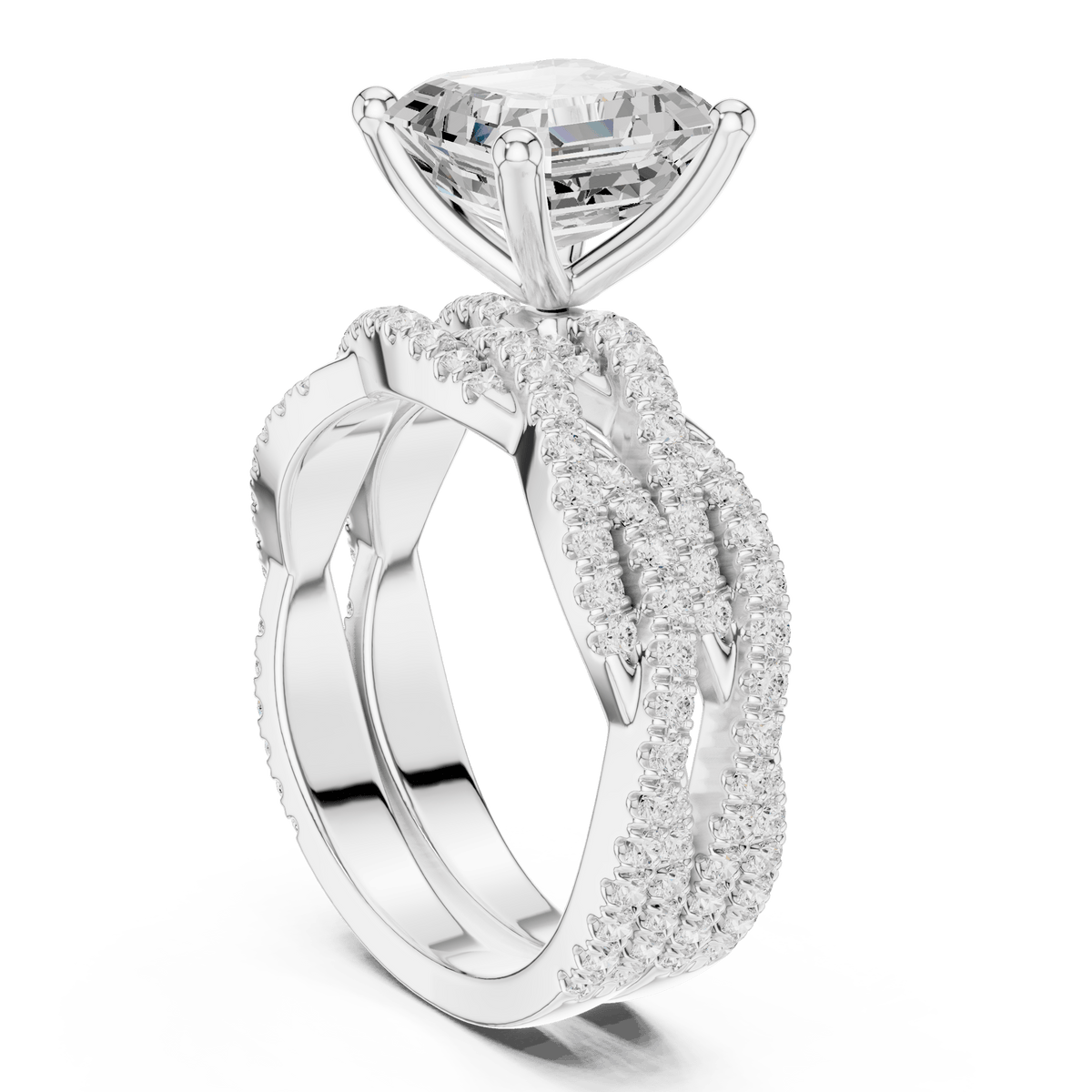 Silver Asscher Cut Lab Grown Diamond Twisted Pave Engagement Ring