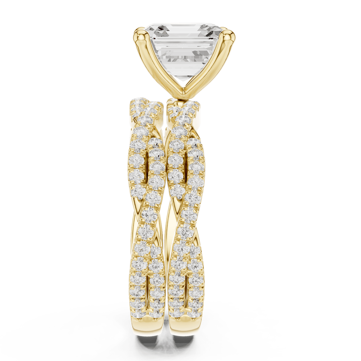 Contemporary Crossover Shoulder Asscher Cut Lab Diamond Gold Solitaire Ring