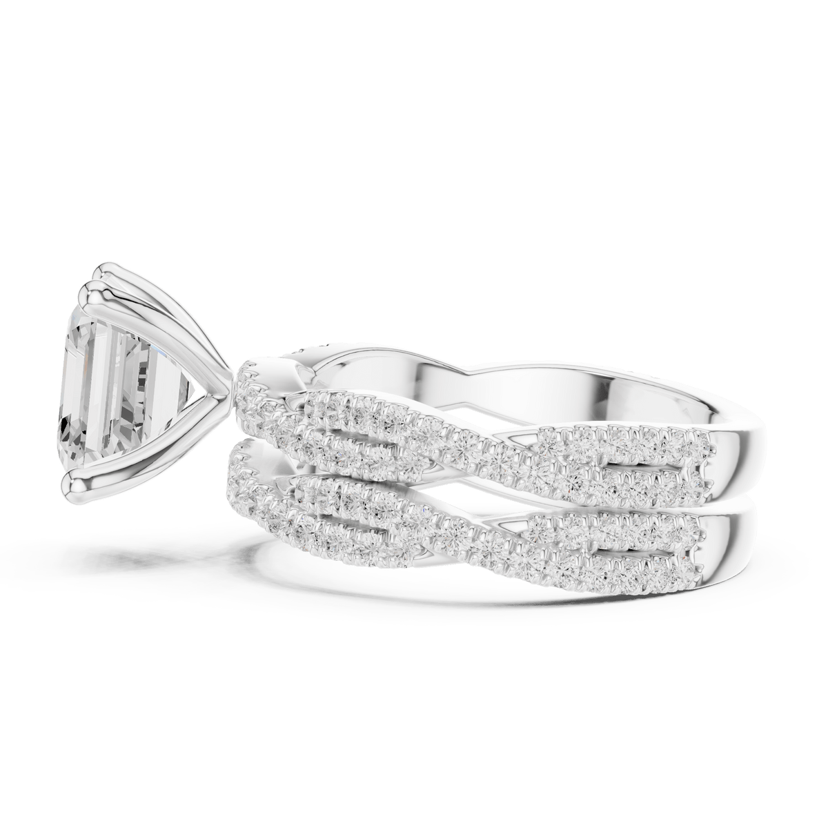 Silver Asscher Cut Lab Grown Diamond Twisted Pave Engagement Ring