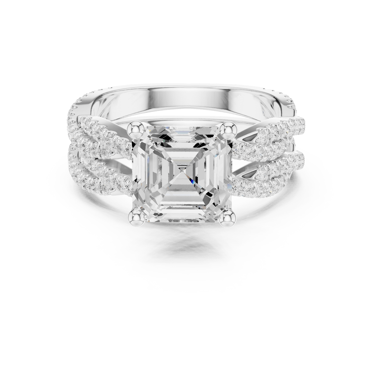 Silver Asscher Cut Lab Grown Diamond Twisted Pave Engagement Ring