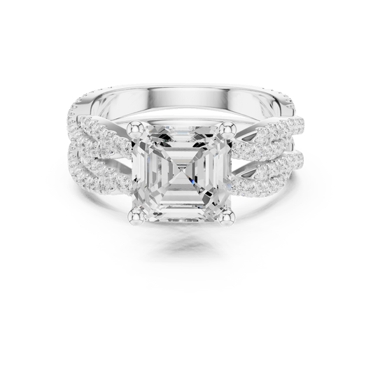 Silver Asscher Cut Lab Grown Diamond Twisted Pave Engagement Ring