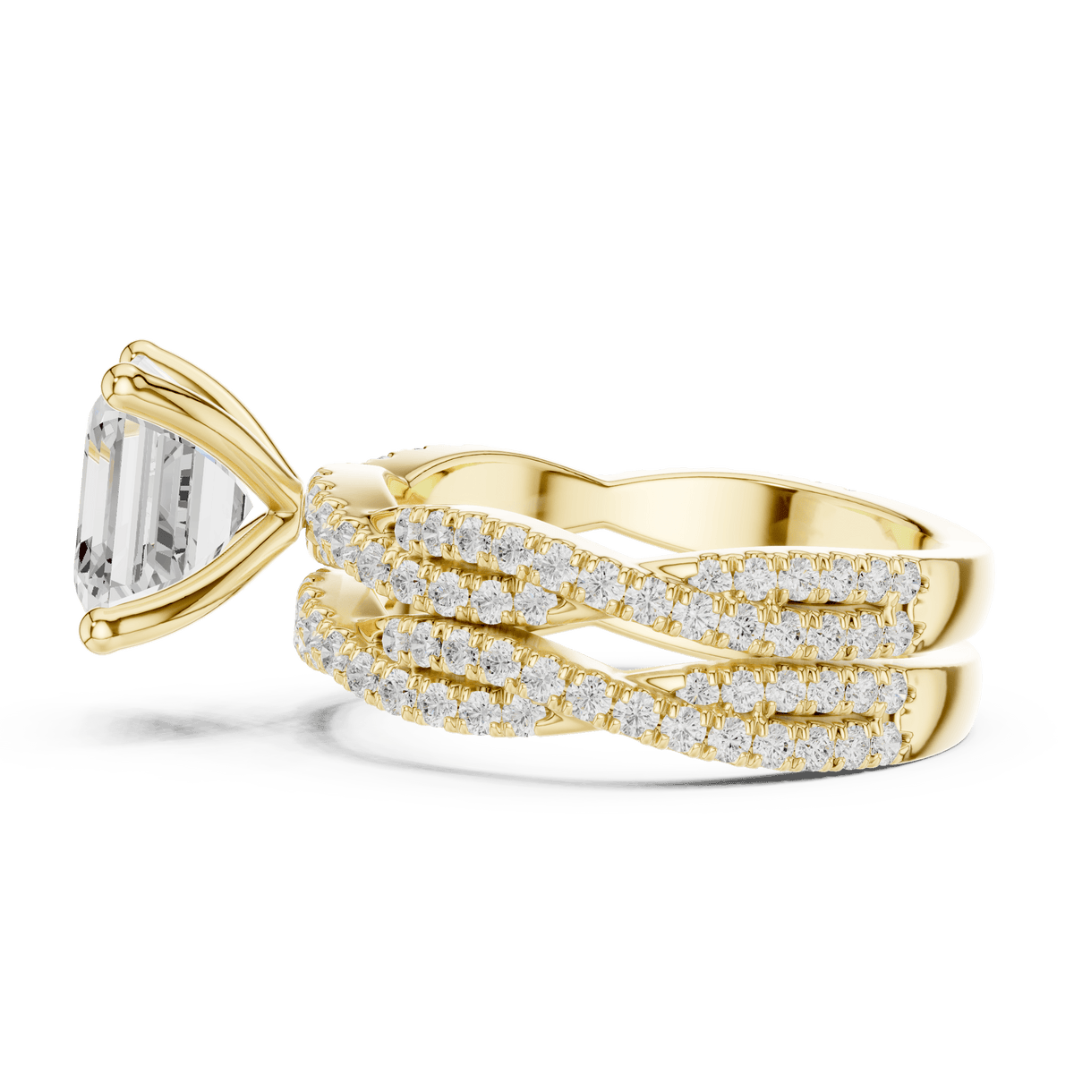 Contemporary Crossover Shoulder Asscher Cut Lab Diamond Gold Solitaire Ring