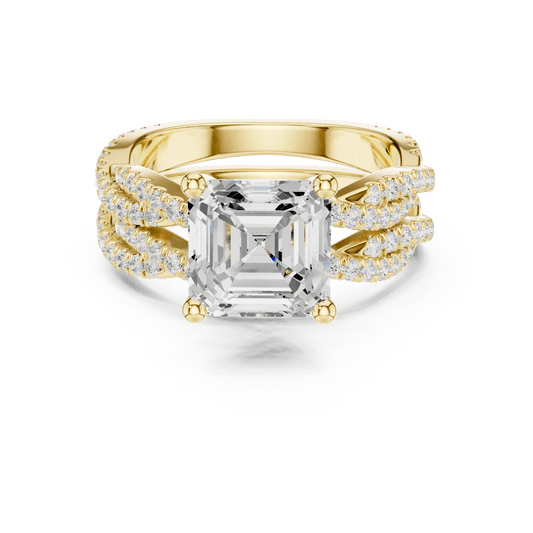 Contemporary Crossover Shoulder Asscher Cut Lab Diamond Gold Solitaire Ring
