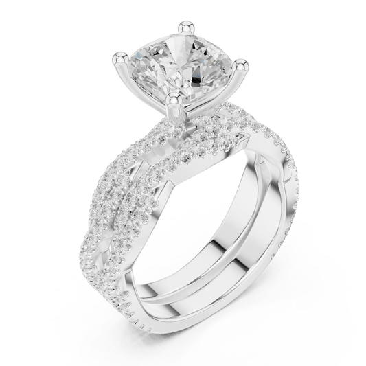 Luxury Cushion Cut Diamond Ring with Entwined Pave Band in 925 Silver