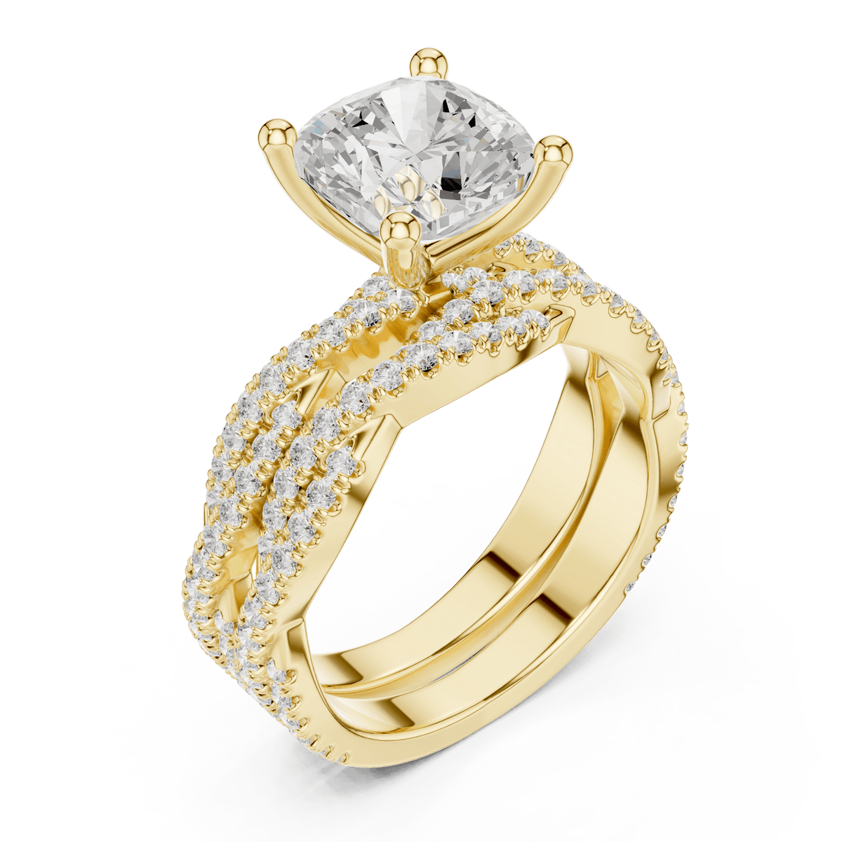 Cushion Cut Lab Diamond Ring with Woven Pave Band in 14KT Solid Gold