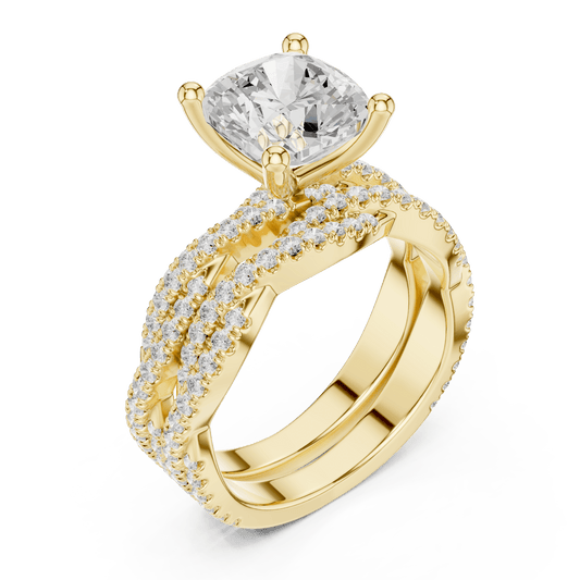 Cushion Cut Lab Diamond Ring with Woven Pave Band in 14KT Solid Gold