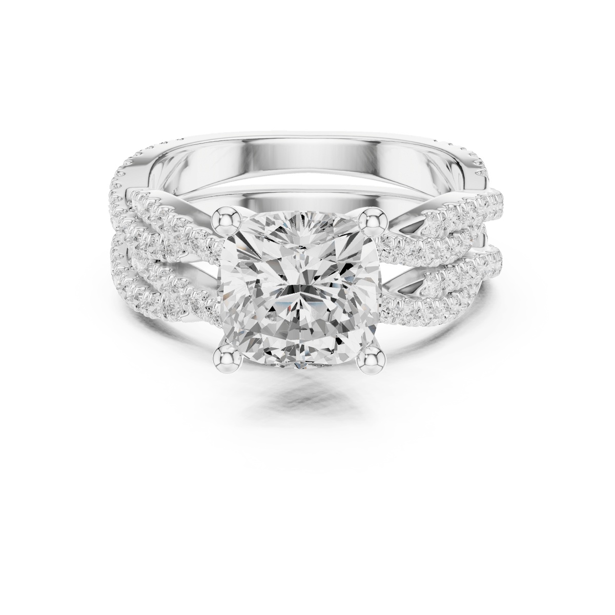 Luxury Cushion Cut Diamond Ring with Entwined Pave Band in 925 Silver