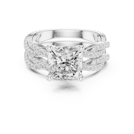 Luxury Cushion Cut Diamond Ring with Entwined Pave Band in 925 Silver
