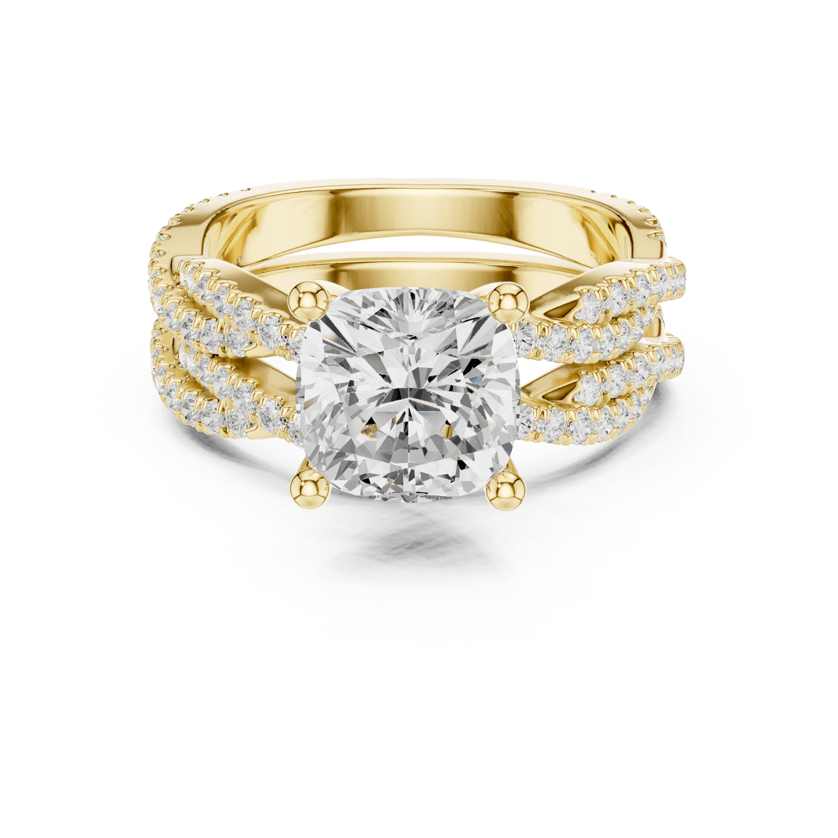 Cushion Cut Lab Diamond Ring with Woven Pave Band in 14KT Solid Gold