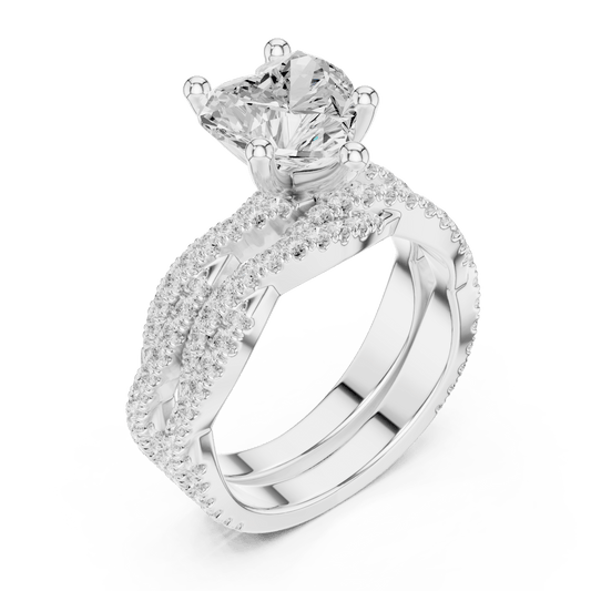 Heart Cut Solitaire Ring with Criss Cross Multi-Row Pave Band  in 925 Silver