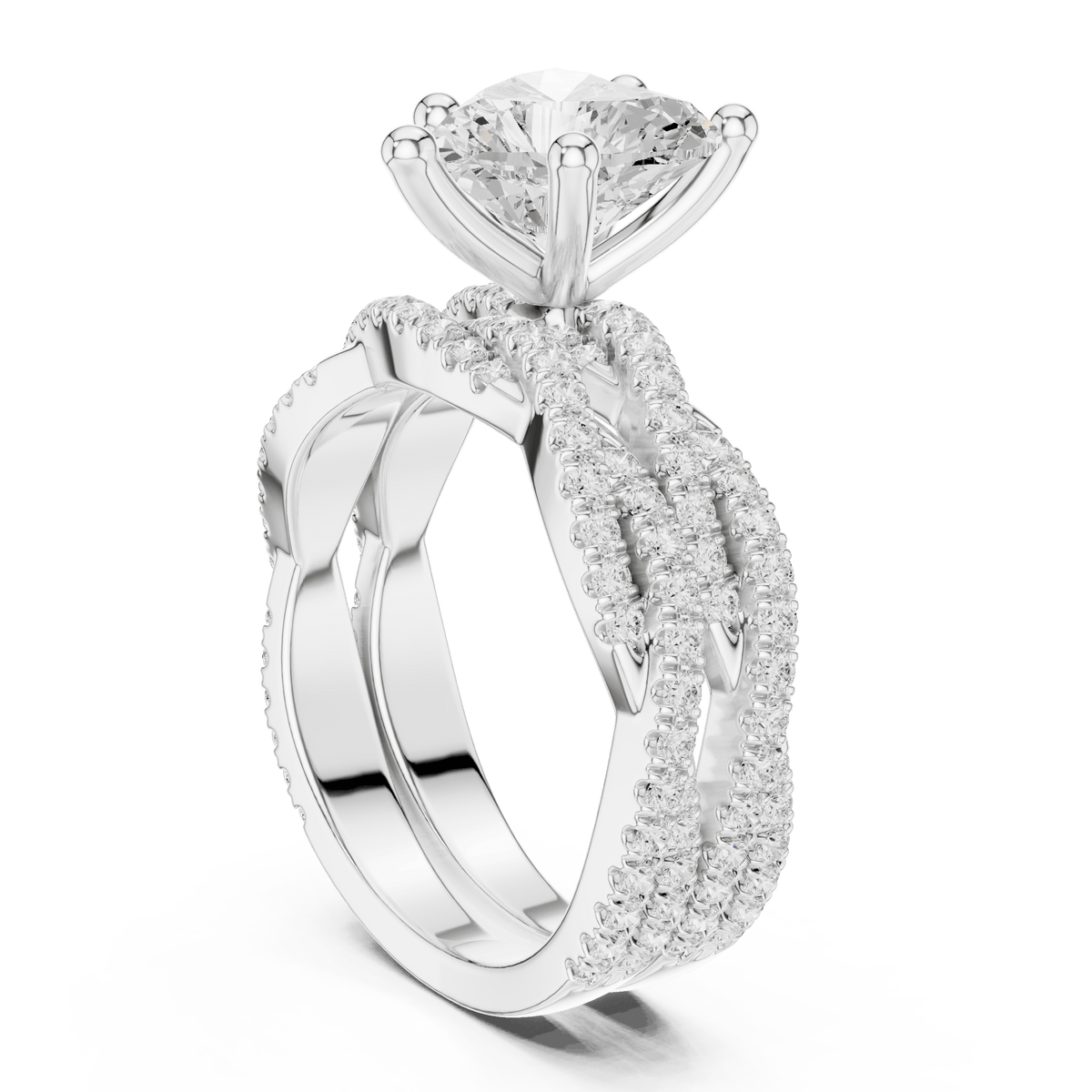 Heart Cut Solitaire Ring with Criss Cross Multi-Row Pave Band  in 925 Silver